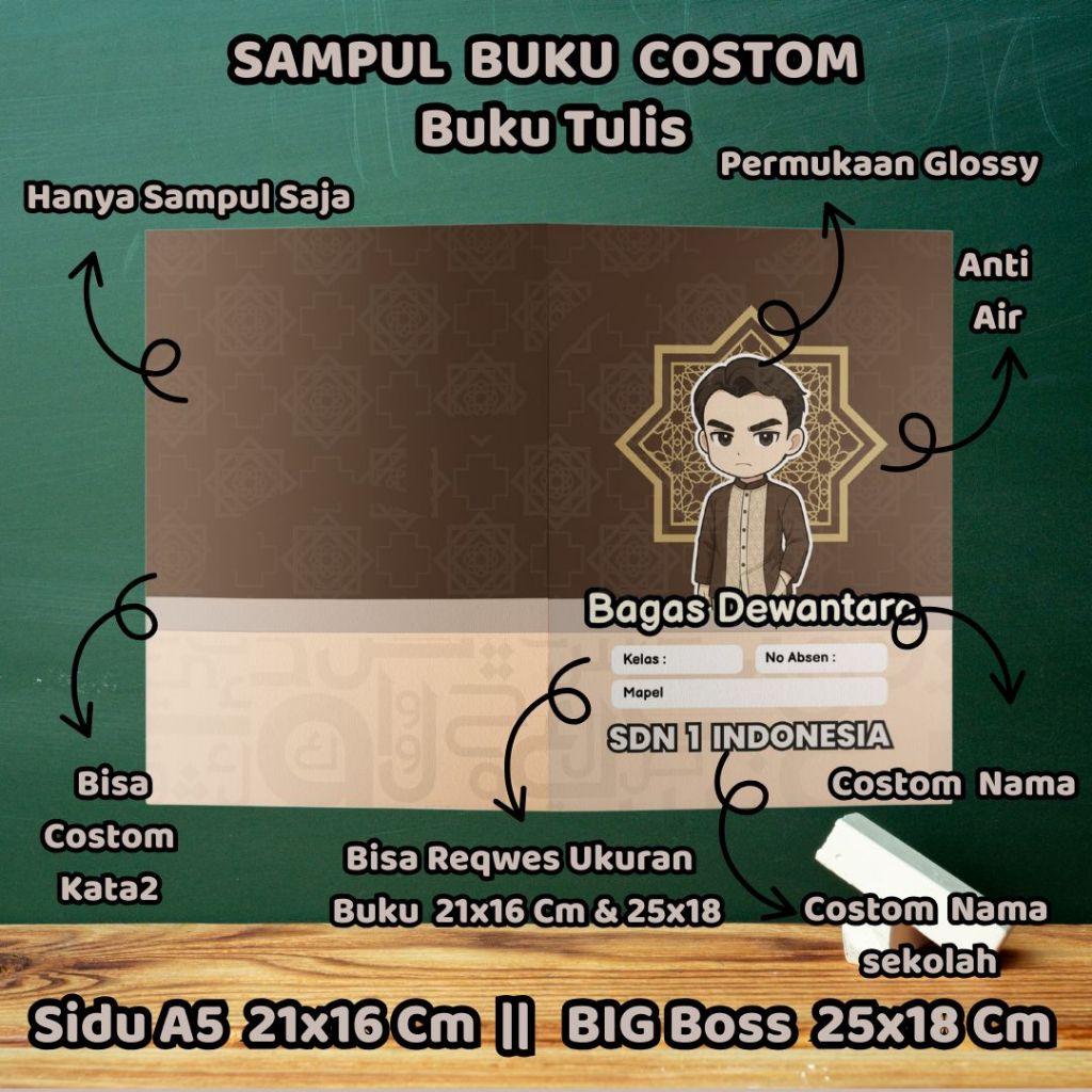 

Sampul Buku Custom (Nama, Nama Sekolah, Kelas & No Absen) Isi 1 Pcs/ Cover Buku/ Sampul Buku Kecil Standart/ Sidu