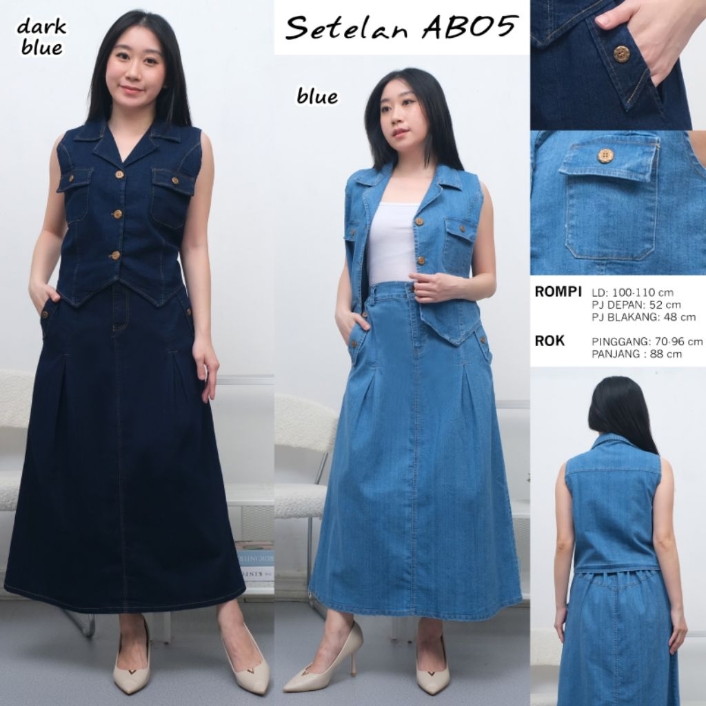 One Set Jeans Strech Premium Wanita Cantik Rok Vest 2 Kantong AB-05