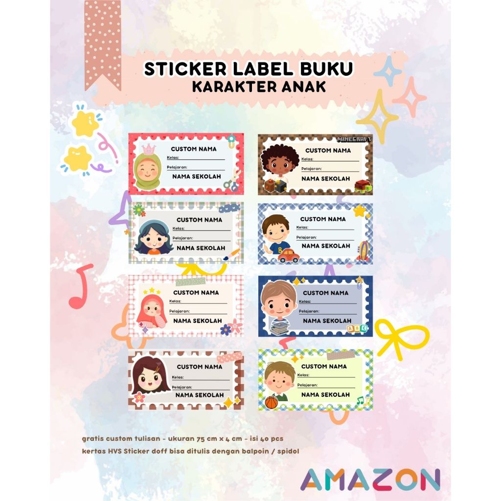 

40 pcs Sticker Label Buku - Sticker Label Nama Buku Pelajaran - Sticker Aesthetic Karakter Anak