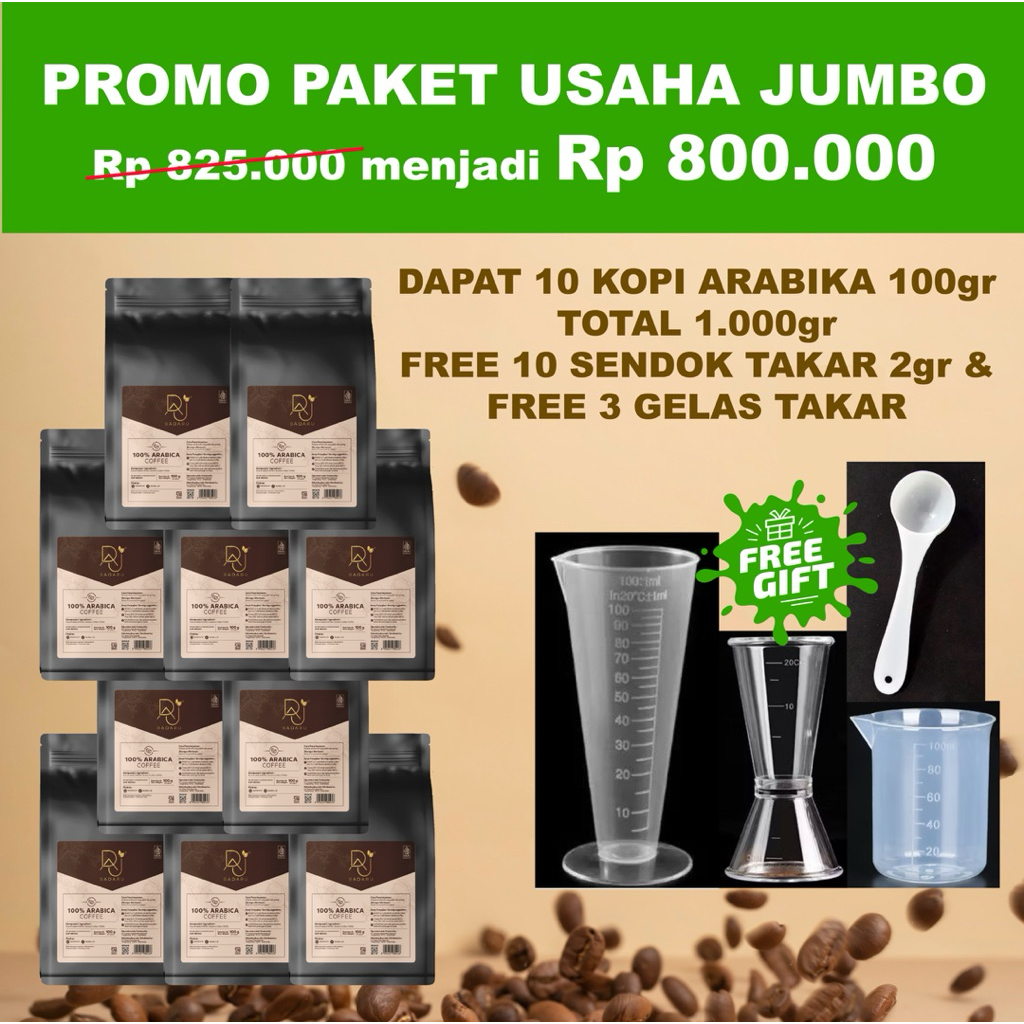 

PAKET USAHA JUMBO 10pouch 100gr free 10 sendok takar 2gr & free 3gelas ukur | kopi badaru arabika espresso instan tanpa ampas