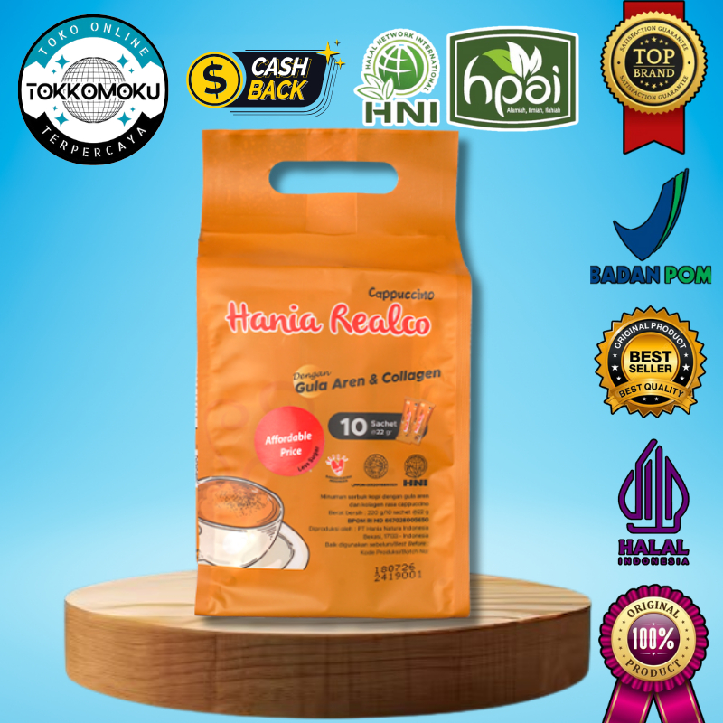 

HANIA REALCO CAPPUCCINO LESS SUGAR - Minuman Serbuk Kopi dengan Gula Aren & Kolagen - Rasa Cappuccino - Less Sugar - 10 Sachet/Box