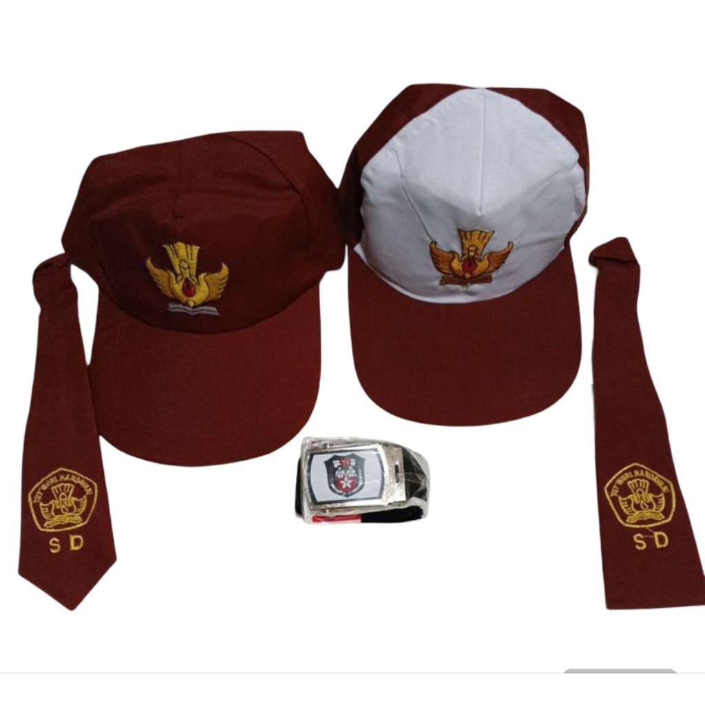 

Topi DAsi Sabuk Sekolah(Paket hemat 3pcs) Topi SD/Dasi SD Bordir /Gesper SD