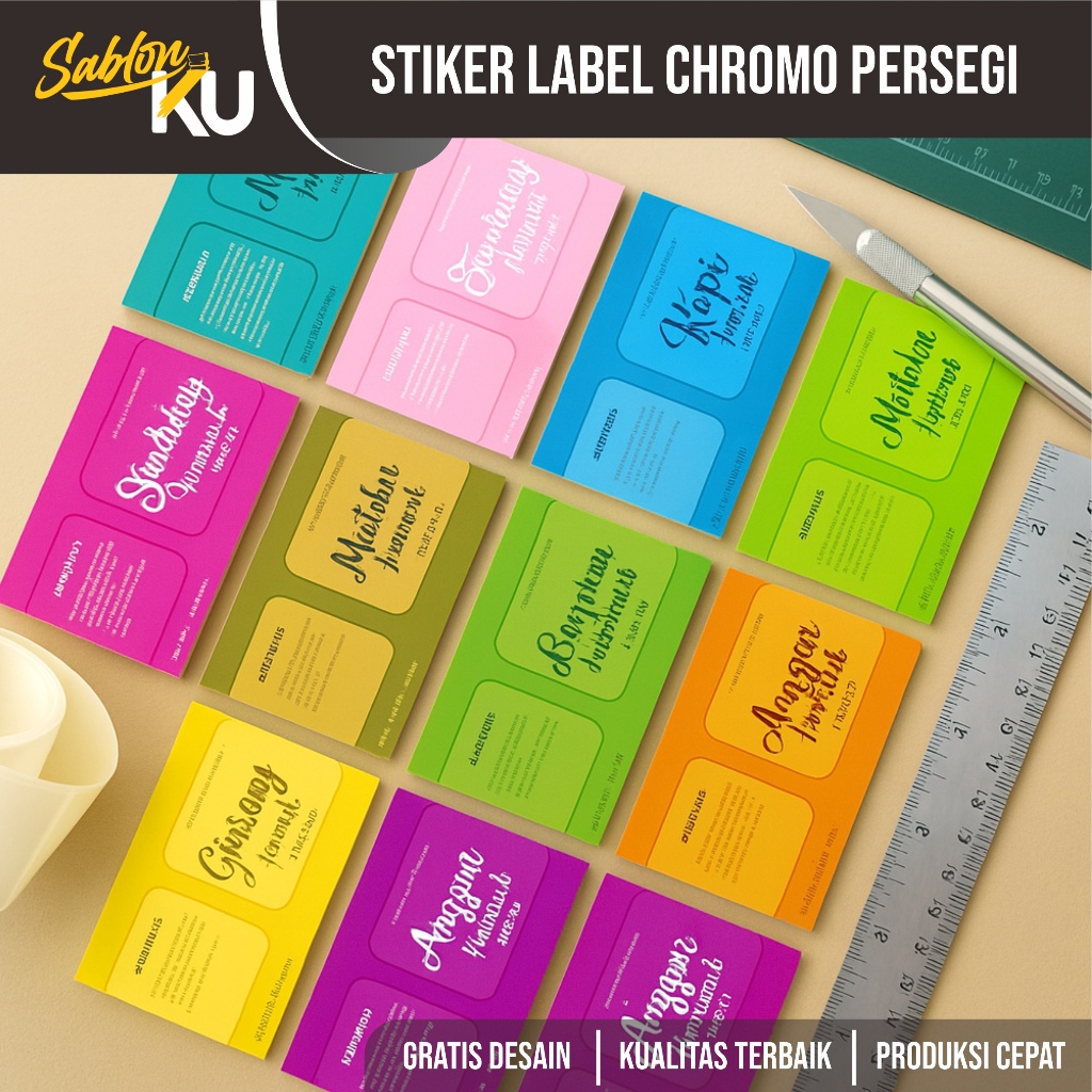 

cetak stiker sticker chromo kertas glossy custom desain label produk makanan minuman kemasan online shop persegi kotak murah