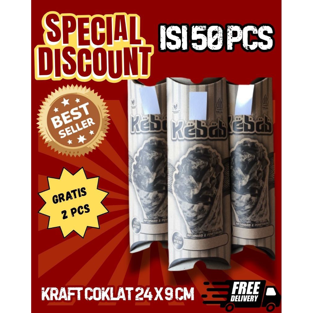 

Kardus, Bungkus, Kemasan kebab elegan isi 50 pcs uk 24 x 9 cm bahan Kraft