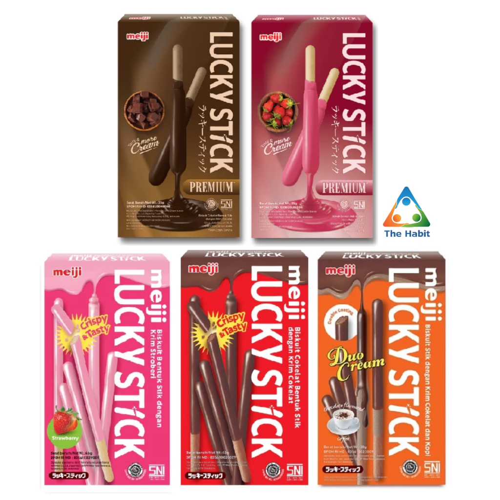

(The Habit) Meiji Lucky Stick Biskuit Bentuk Stik dengan krim coklat/Stroberi 45g / Cemilan / Makanan Ringan / Premium Chocolate / Strawberry 35 gr