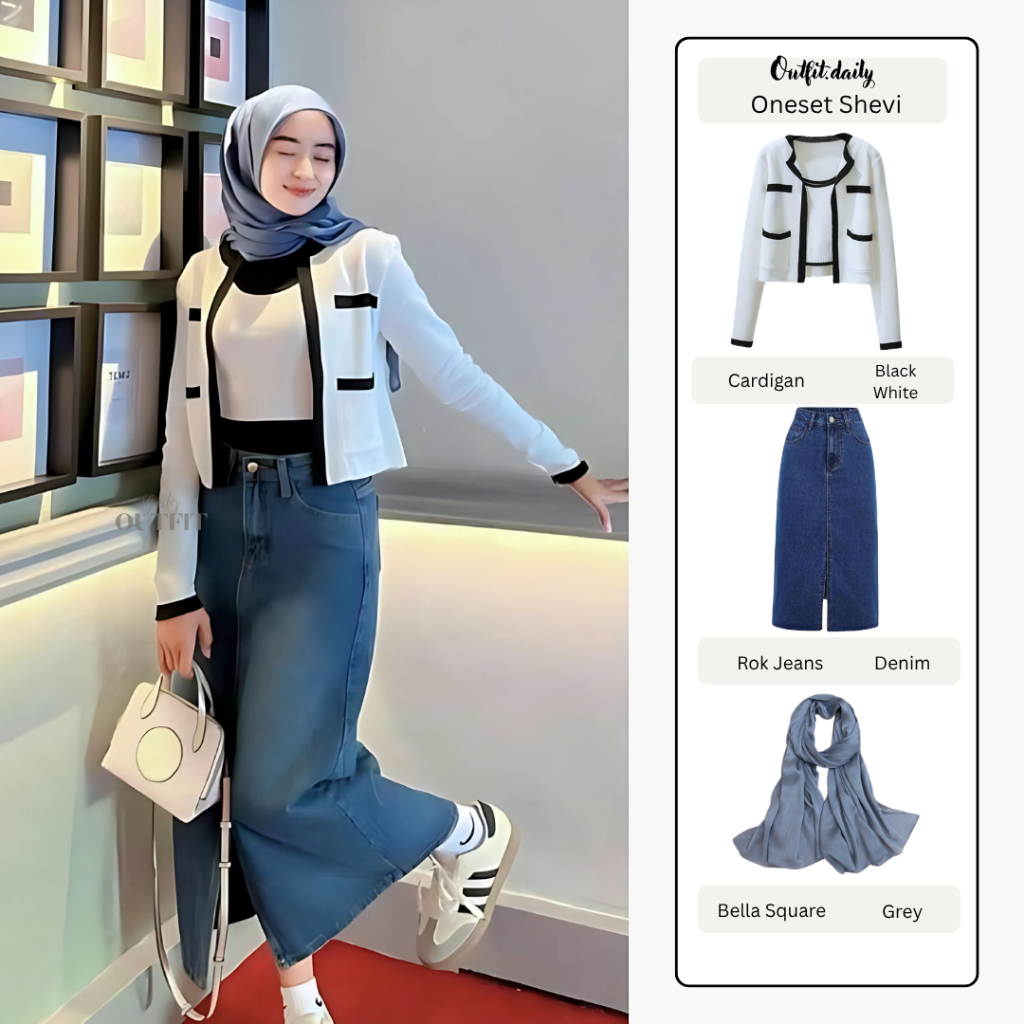Outfit Set Wanita Kekinian ( Cardigan + Rok Jeans + Hijab ) One set Hangout Casual Remaja - Shevi