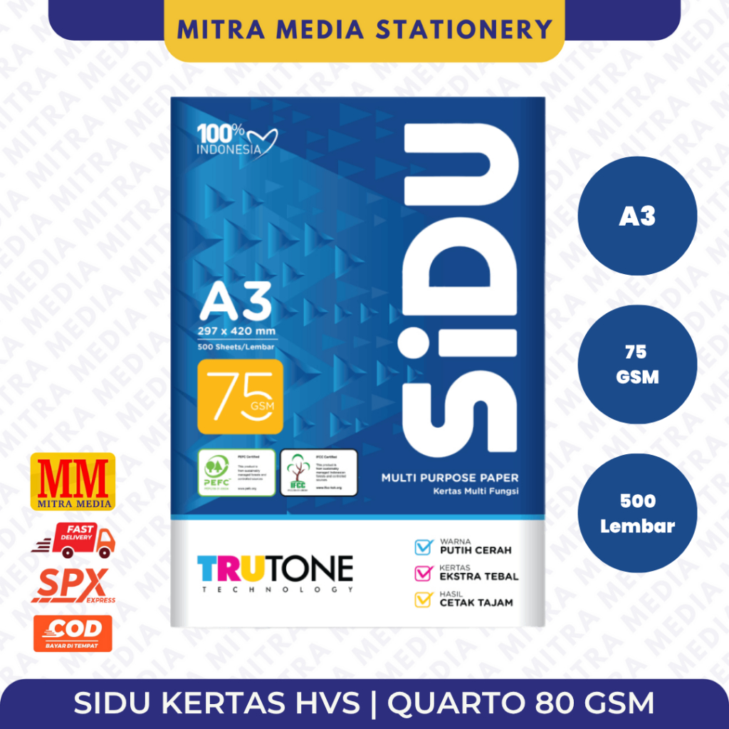 

Kertas HVS Sinar Dunia SIDU A3 75GSM 75 Gram / Kertas A3 / RIM / 500 Lembar