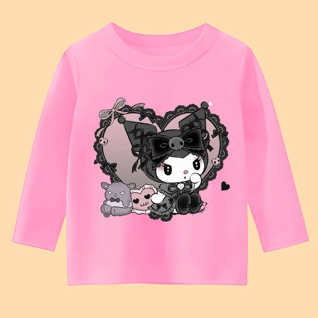 kaos anak perempuan lengan panjang motif kuromi love hitam