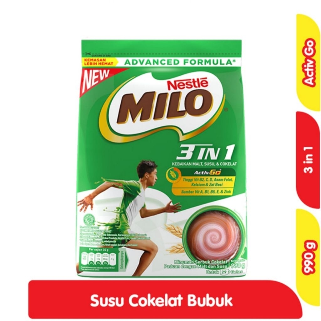 

MILO 3in1 ACTIV-GO Susu Coklat Pouch/ Kaleng 990 Gr