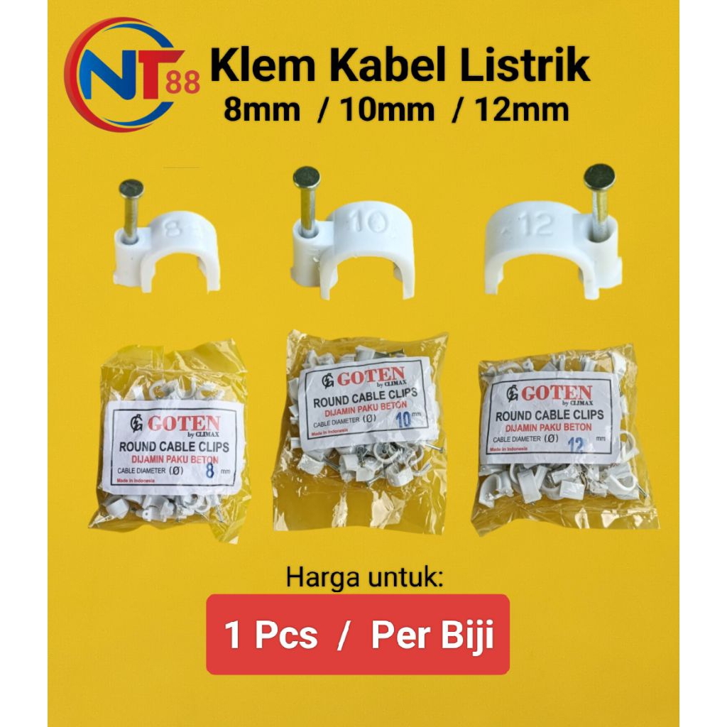 (1 Pcs) Klem Kabel Listrik 8mm 10mm 12mm Klip kabel paku beton Klem Kabel 8 mm Klem kabel 10 mm Klem