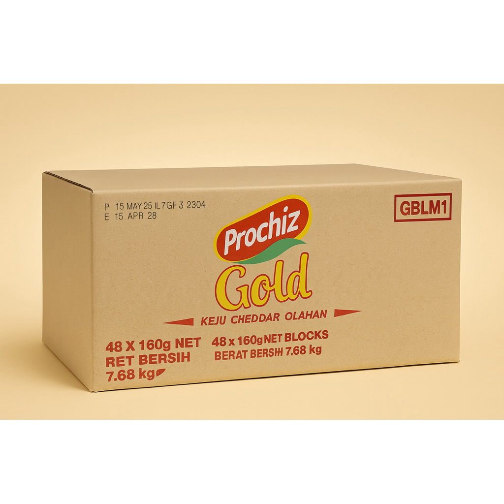 

Prochiz Gold Keju Cheddar Olahan 48 x 160g | Karton 7.68kg - Cocok untuk Reseller & UMKM