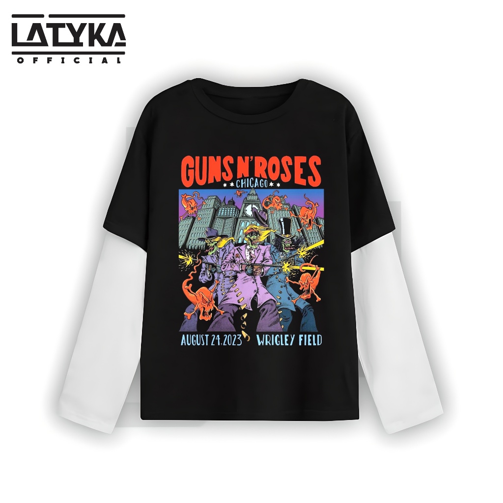 Latyka official T-Shirt double layer Guns N Roses Hitam Putih kaos pria wanita
