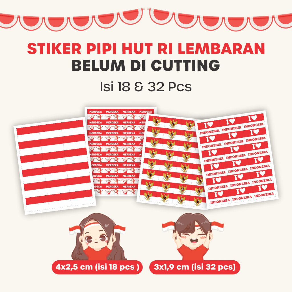 

[18 pcs & 32 pcs] Stiker Pipi Bendera Merah Puti Kemerdekaan HUT RI lembaran