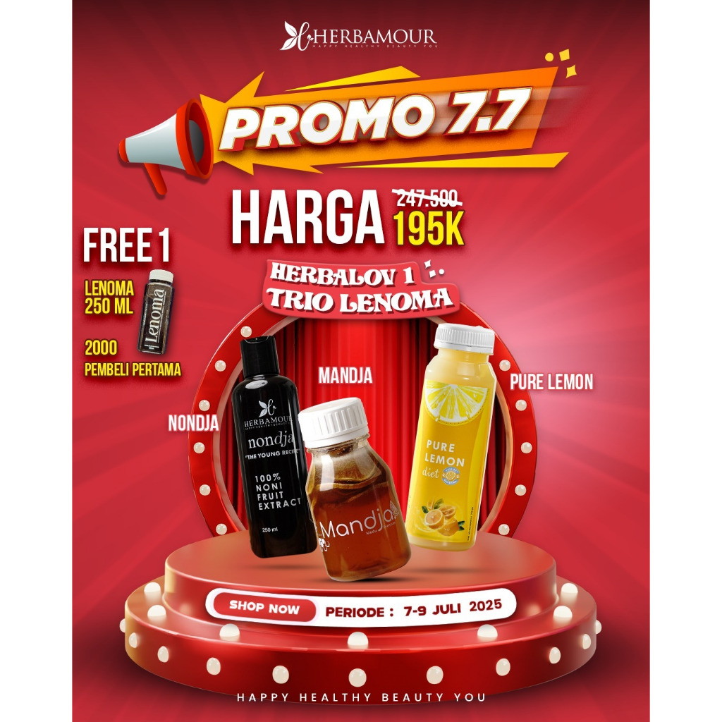 

PROMO 7.7 TRIO LENOMA (1 LEMON, 1 NONDJA, 1 MANDJA) FREE 1 RACIK LENOMA 250ML