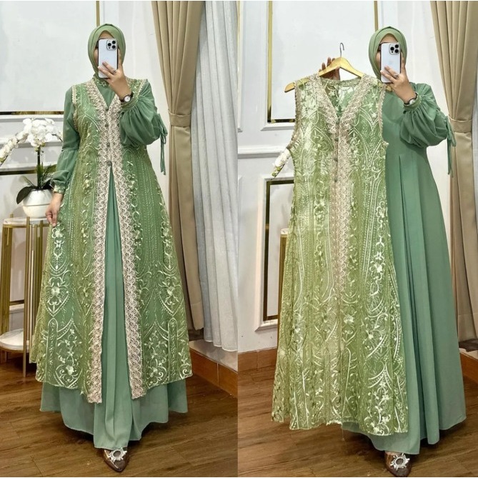 HAURA DRESS Baju Gamis Brukat Renda Setelan Dress Dan Outer Brukat Full Lepas Pasang Bahan Ceruty Ba