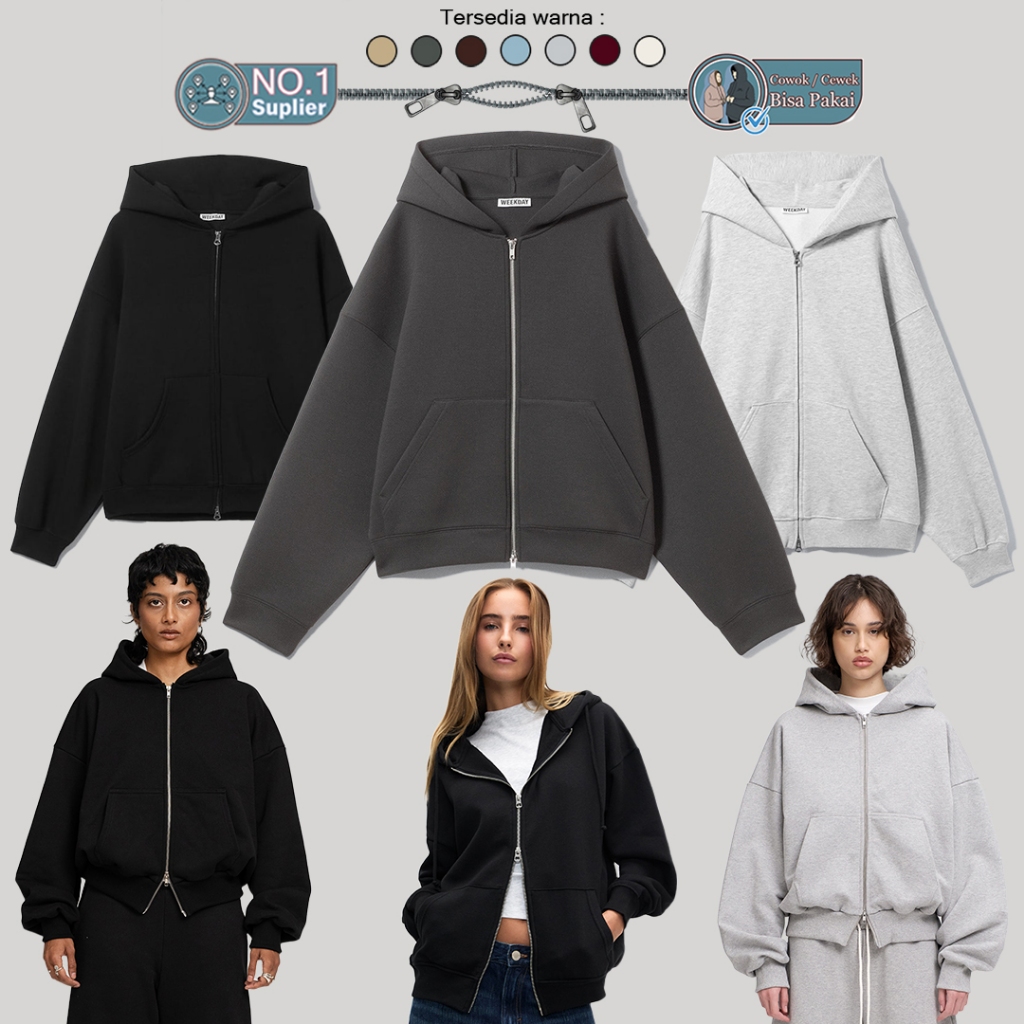 Double Zipper Boxy Oversize Basic Polos Lengan Balon -  Hoodie Zipper Double Resleting Bahan Fleece 