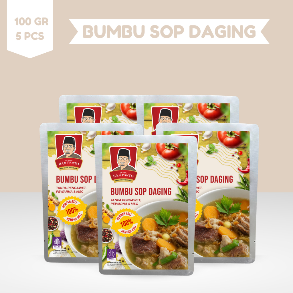 

Paket 5 PCS Bumbu Sop Haji Parto 100 gram - Tanpa MSG & Tanpa Pengawet