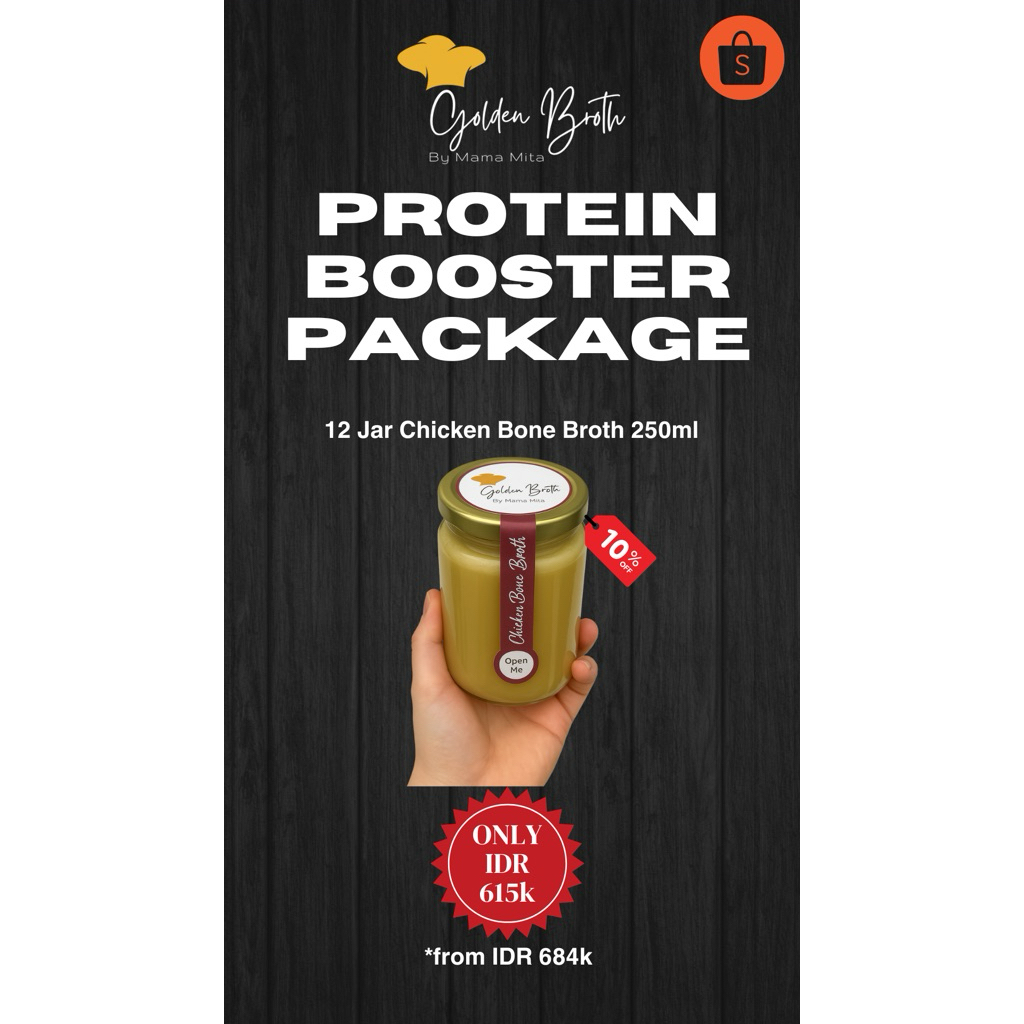 

Protein Booster TB Booster Package Golden Broth by Mama Mita Tanpa MSG, Gula, Garam, Pengawet - Premium Home Made Free Range Chicken Bone Broth (ayam kampung liar organik)