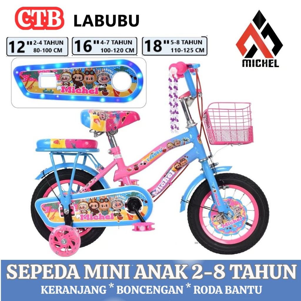 Sepeda Michel Labubu Mini CTB Anak 2-8 Tahun 12 16 18 Inci Keranjang Roda Bantu Rangka Steel