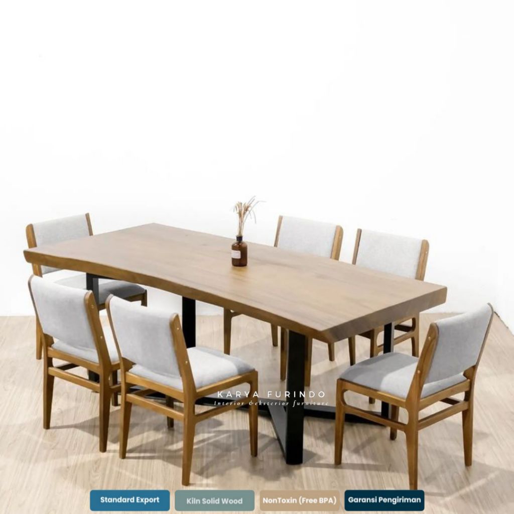 Set Meja Makan Trembesi Utuh Tanpa Sambung, Kursi Makan Jok Kayu Jati solid