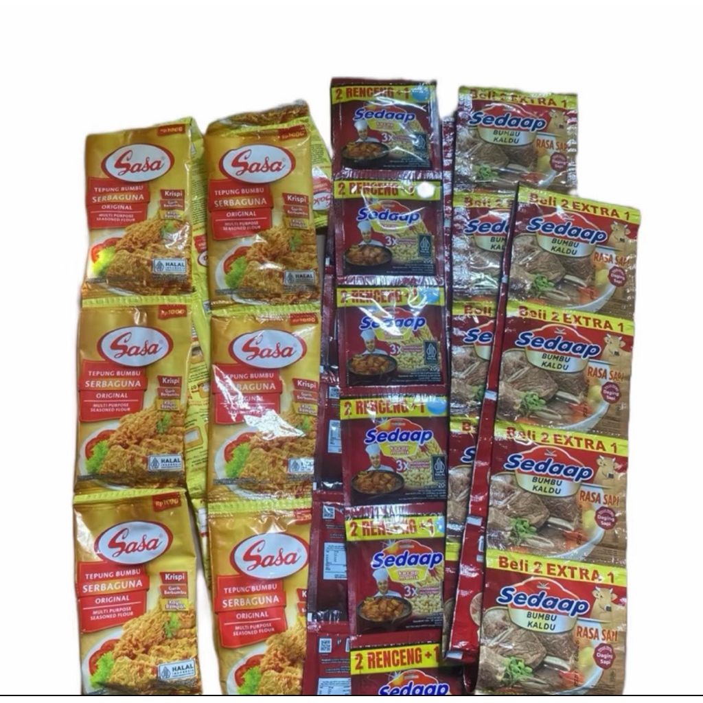 

paket dapur 1 renteng sasa tepung serbaguna , 1 renteng kecap sedaap dan 1 rentang kaldu sedaap