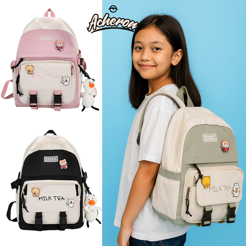 Acheron Tas Ransel Sekolah Anak Motif Milk Tea Hijau Army Tas Punggung Perempuan Polos Bahan Canvas 