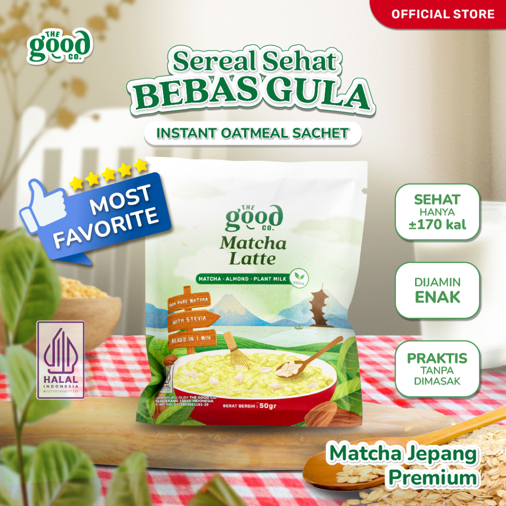 

The Good Co. - Oatmeal Sachet Tanpa Gula - Sarapan Tinggi Serat & Kacang Almond - Matcha Latte (Matcha JEPANG Premium) - 50g