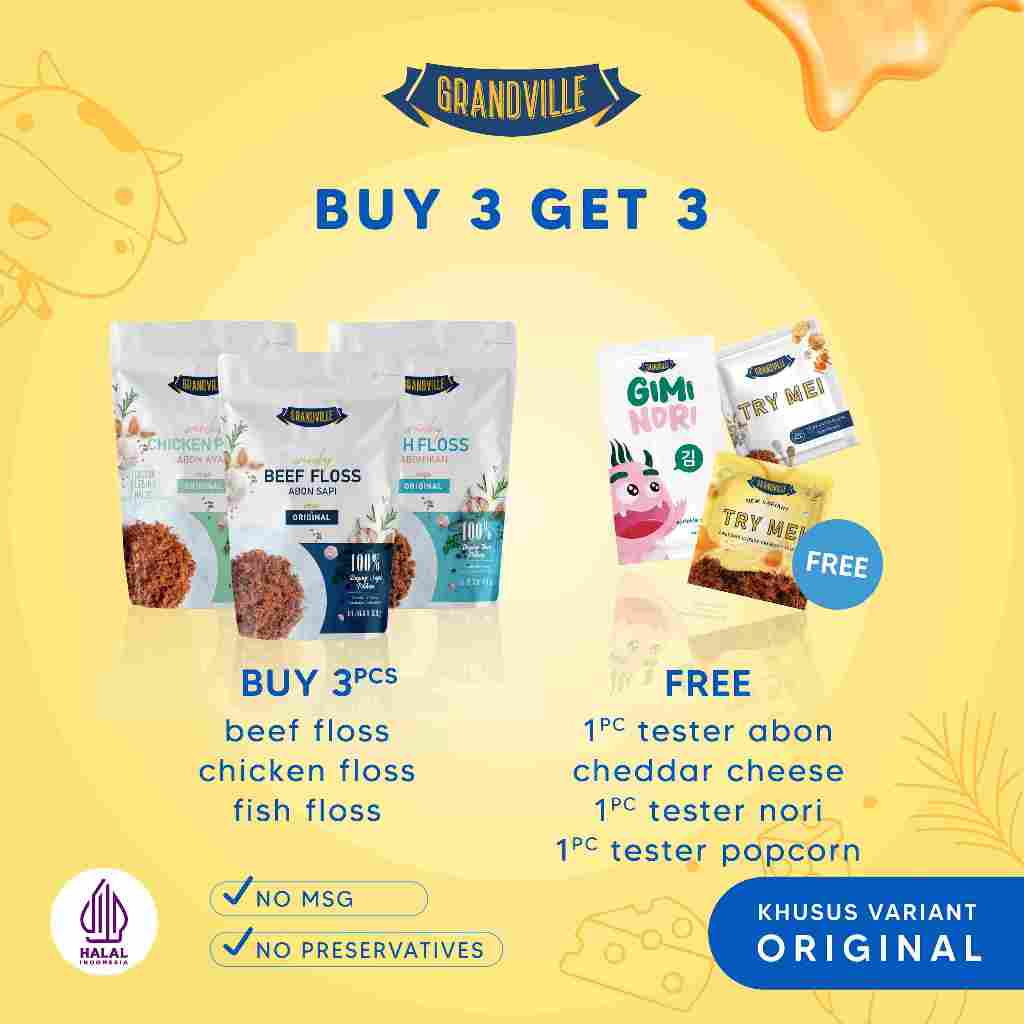 

[BUY 3 GET 3] Grandville Abon Sapi, Ayam & Ikan Crunchy Trio Mix Pack Free 3 Tester