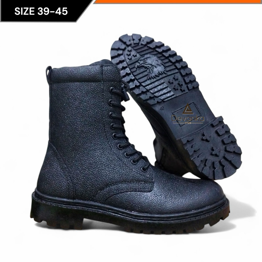 Sepatu Boots PDL Kulit Jeruk Black Dop Jatah TNI AD SECURITY LINMAS HANSIP Size 39-45