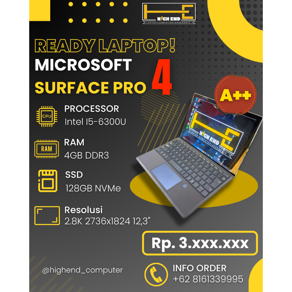 Laptop Microsoft Surface Pro 4 – Intel i5-6300U | RAM 4GB | SSD 128GB | Touchscreen | Second Mulus