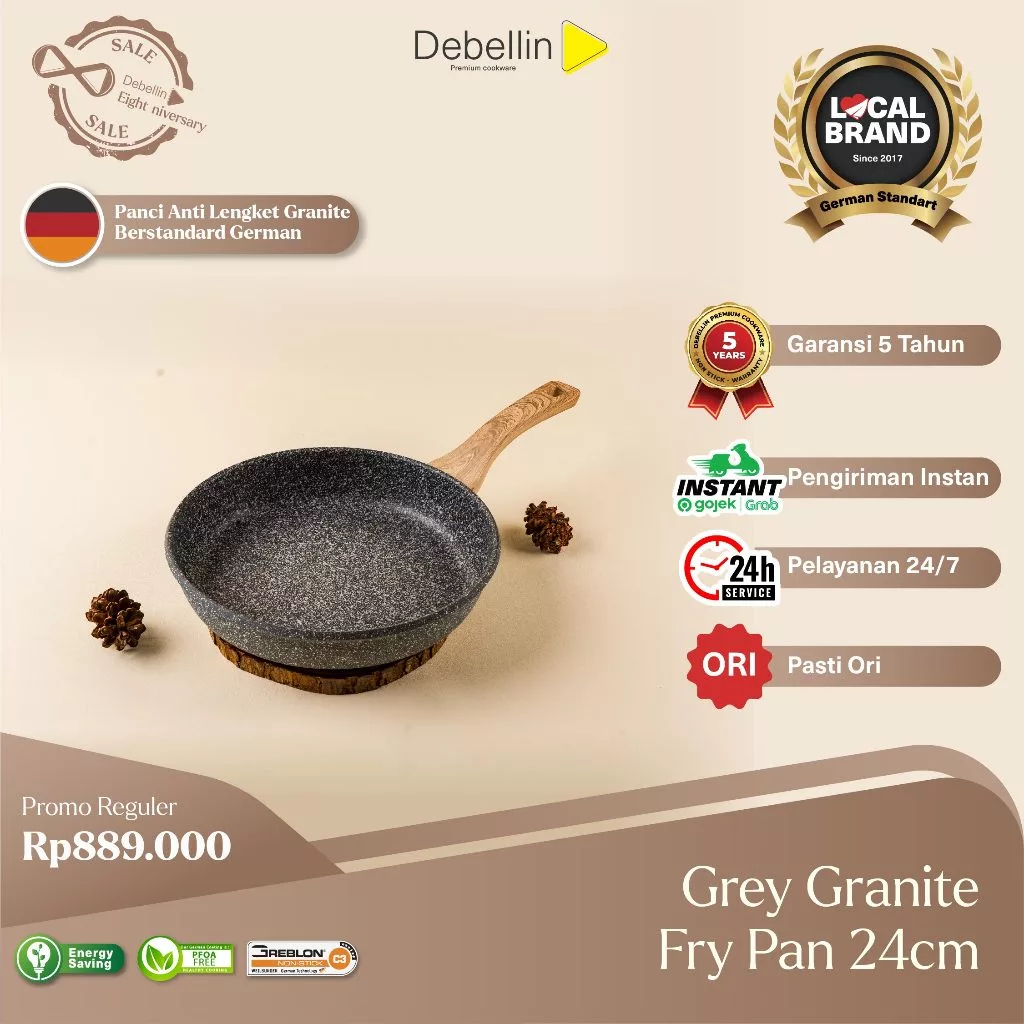 Debellin Fry Pan 24 cm - Grey Granite Cookware Series atau Penggorengan Anti Lengket Premium / Debel