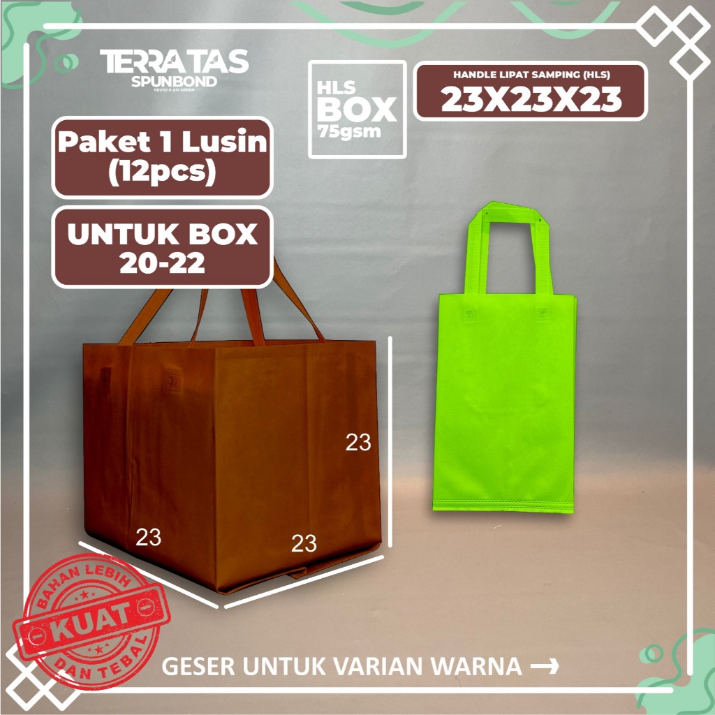 

Paket 1 Lusin 12pcs 75 GSM 23x23x23 Untuk Box 20-22 Tas Kantong Belanja Tas Kotak Makan Souvenir Hampers Kain Spunbond
