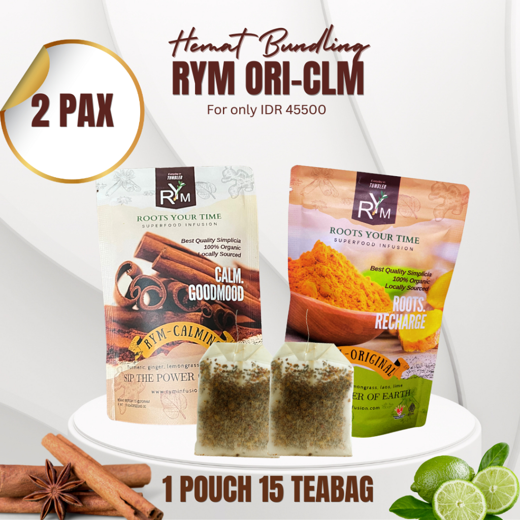 

[PAKET 2 MIX] RYM INFUSION ORIGINAL DAN CALMING | Superfood Infusion | Teh Celup Rimpang JSR Instan | Teh Kunyit Sere Jahe Lengkuas kayumanis Jeruk Nipis |