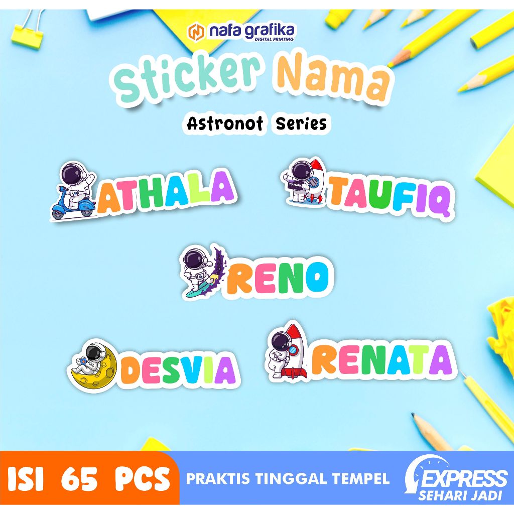 

(Isi 65pcs) Stiker Label Nama Anti Air Sticker Peralatan Tulis ATK Botol Tumbler Buku Tema Astronot