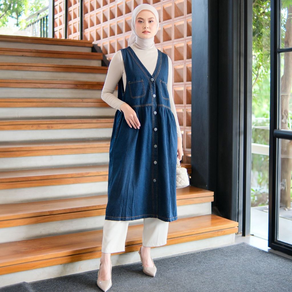 LADYORA - Safea Dress Denim Tanpa Lengan Outer Hijab Casual Wanita