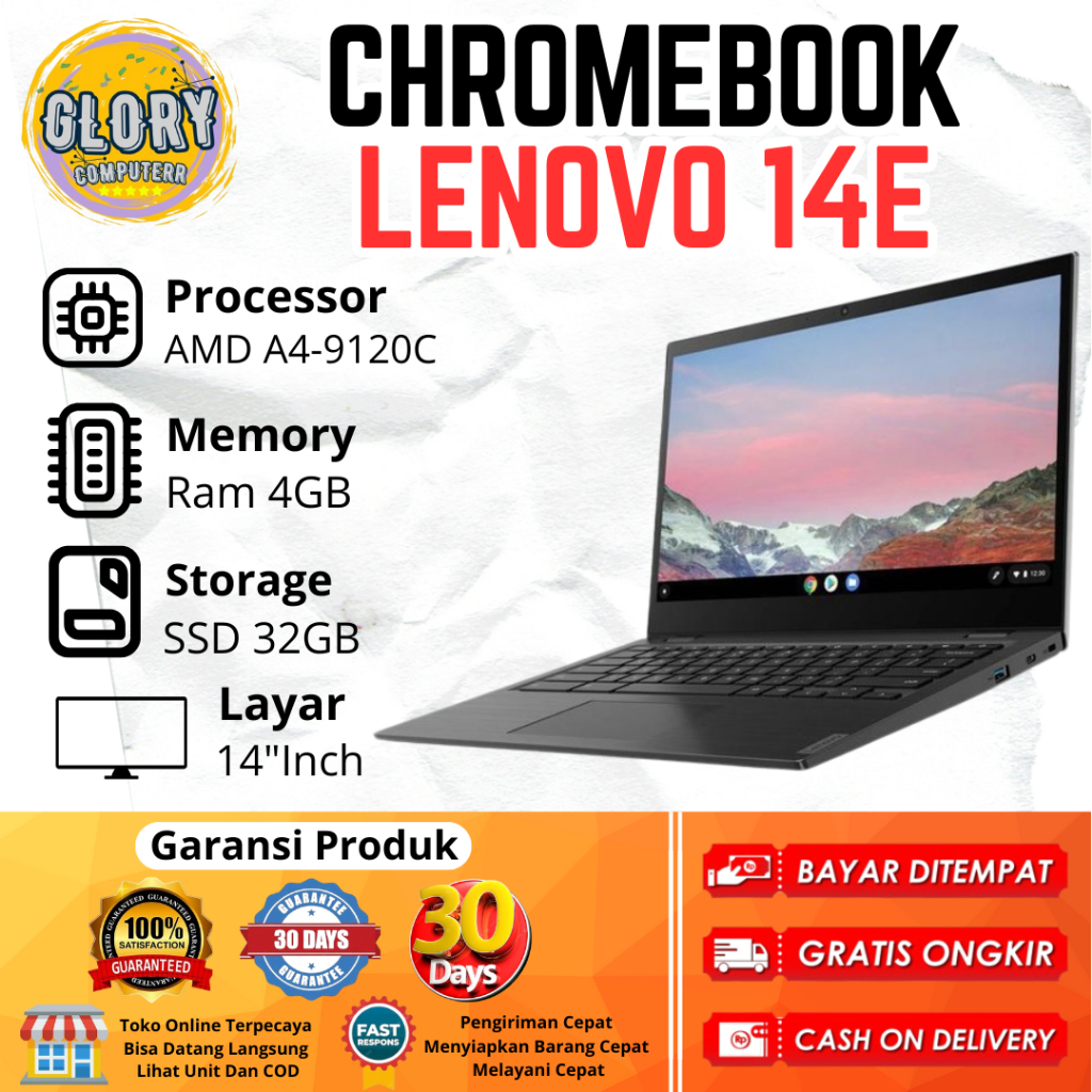 Chromebook Lenovo 14E Core AMD A4-9120C Ram 4GB , SSD 32GB, Layar 14"Inch ( Touhcscreen ) Bergaransi