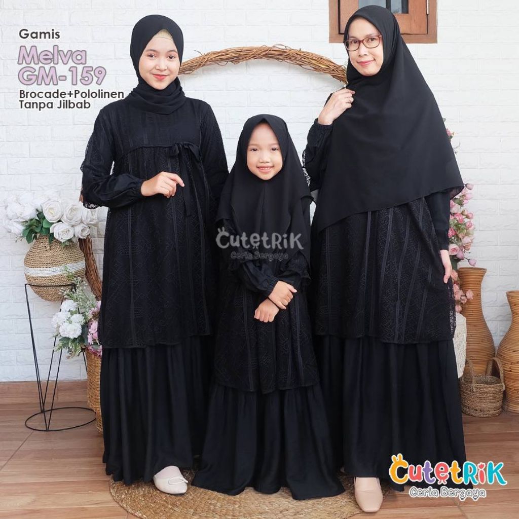 Cutetrik Gamis Melva Gamis dress polos couple ibu anak hitam putih brokat Ter-best Seller