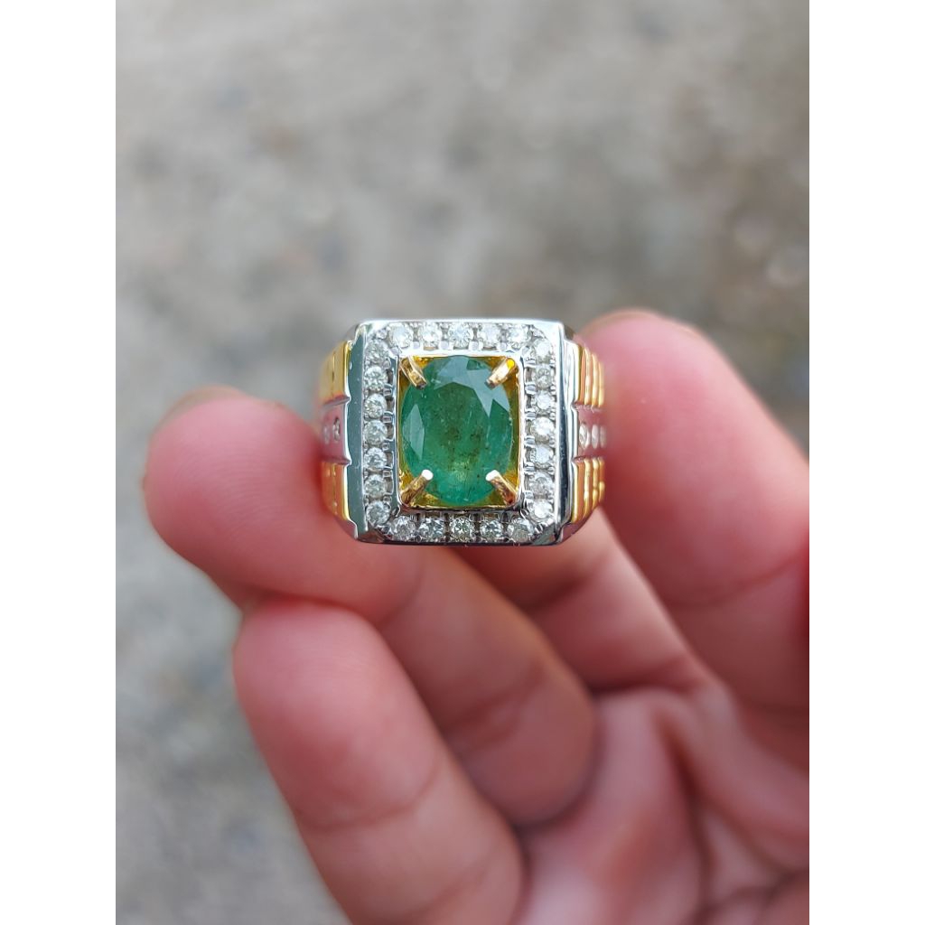 cincin berlian cowok mata utama natural zambrud keliling full berlian eropa ring perak ringsize 20