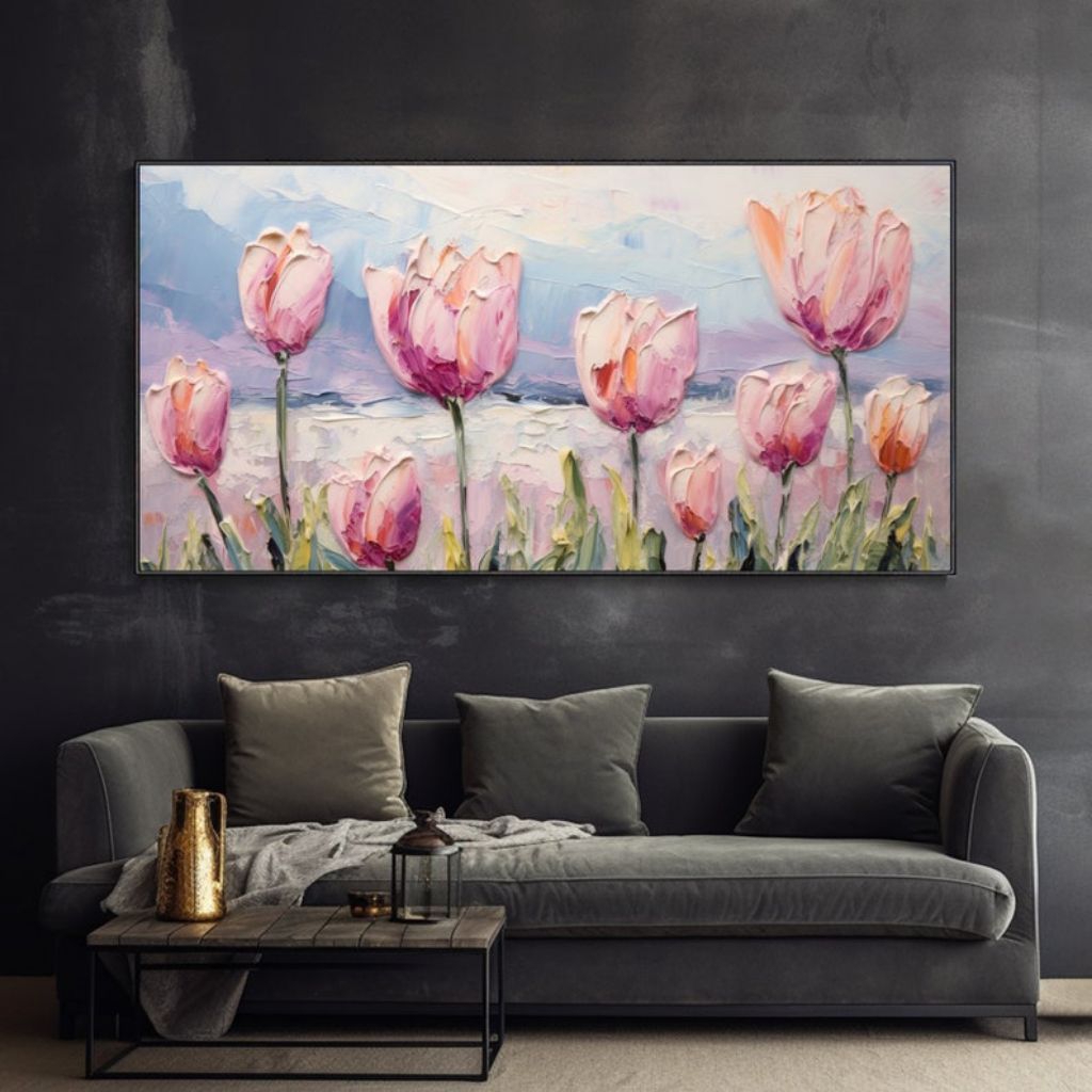 lukisan bunga tulip pink minimalis pajangan dinding estetik