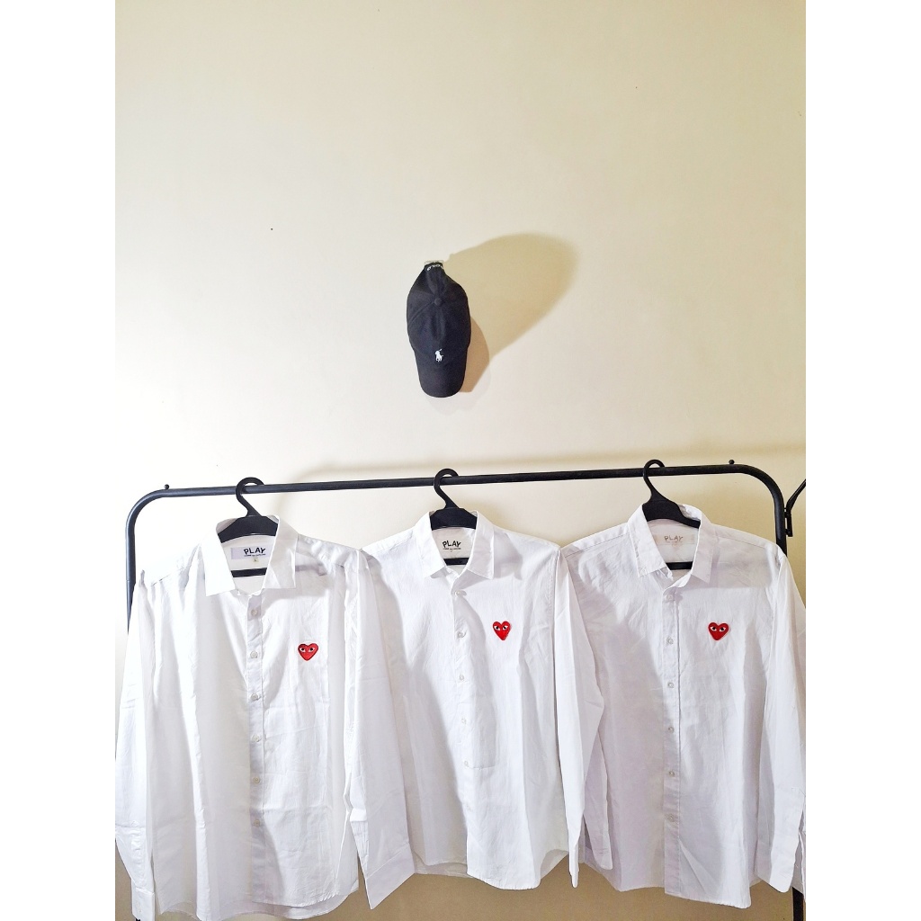 Kemeja Comm3 d3s Garc0ns CDG Play White Red Emblem Pria Wanita Cotton Second Original
