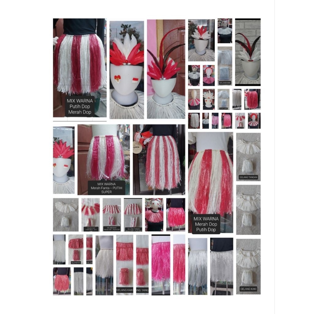 Rok Rumbai tali rafia / Rok hula variasi MERAH PUTIH dan Aksesorisnya [READY STOK]