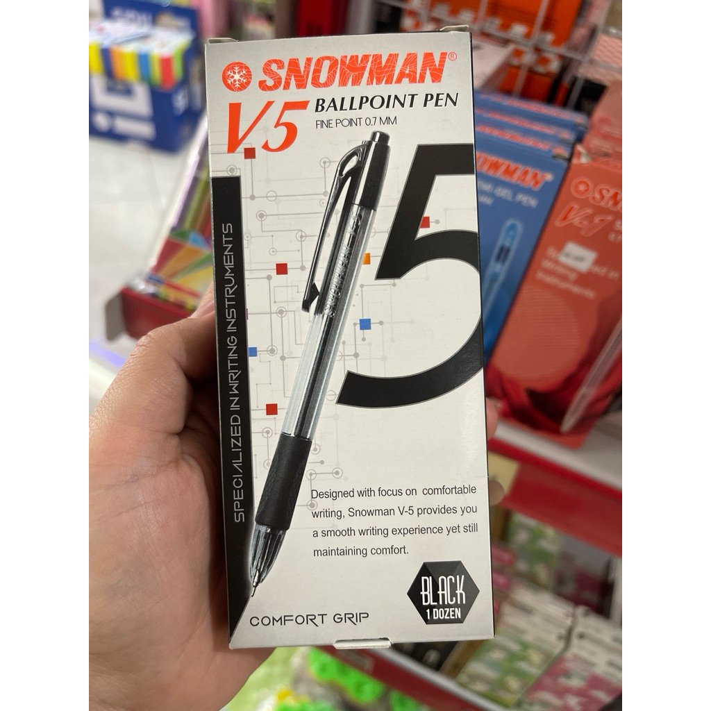 

(1 PACK) PULPEN 0.7MM SNOWMAN BALLPOINT V-5 TINTA WARNA HITAM ISI 12 PCS