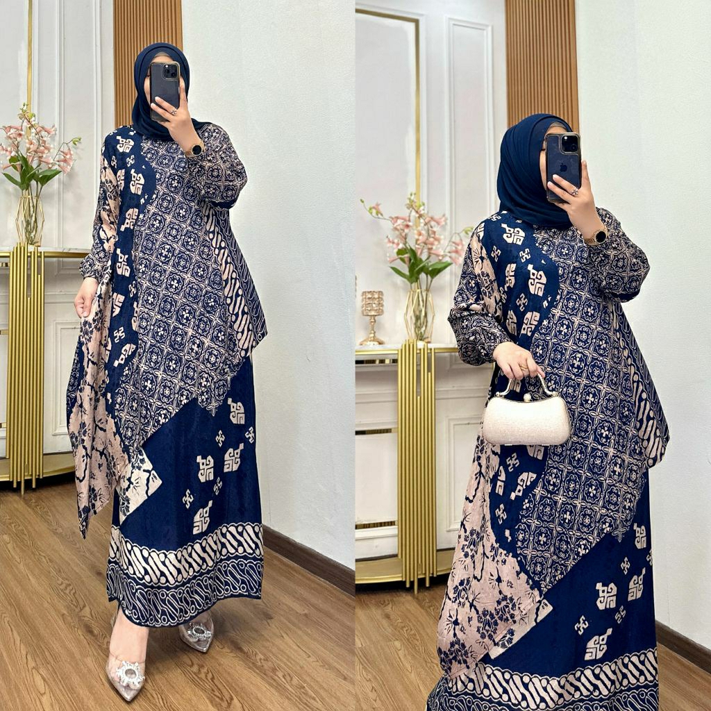 baju set tunik katun dobby sutra one set rok batik