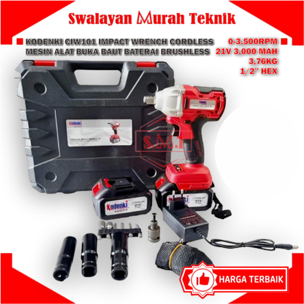 IMPACT WRENCH CORDLESS KODENKI CIW101 ALAT BUKA BAUT BATERAI BRUSHLESS 21VOLT