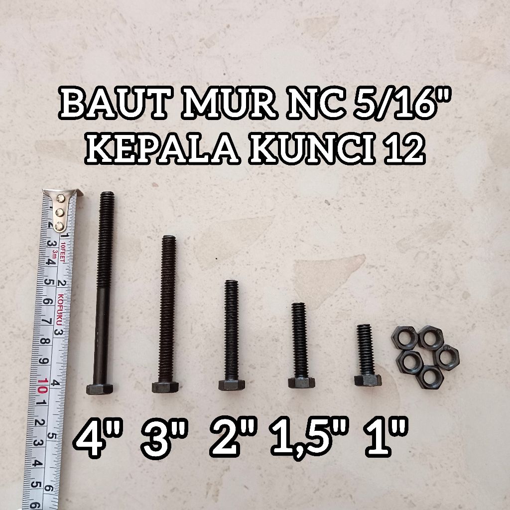 BAUT MUR HITAM 5/16 INCH KEPALA KUNCI 12 MM DRAT KASAR