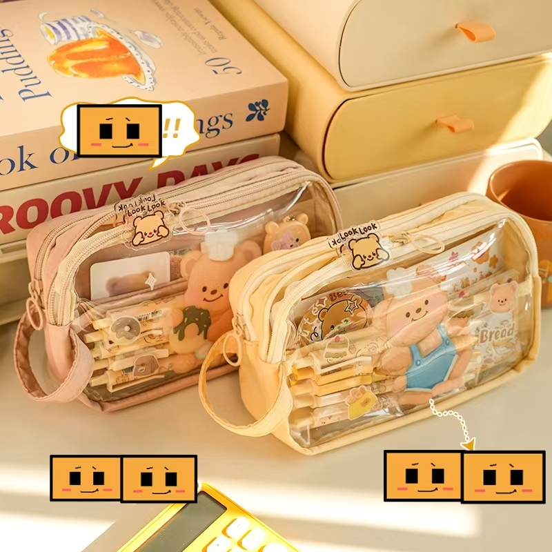 

Transparent pencil case, cute teddy bear, large capacity pencil case, multi-layer pencil case, girls' handheld stationery bag