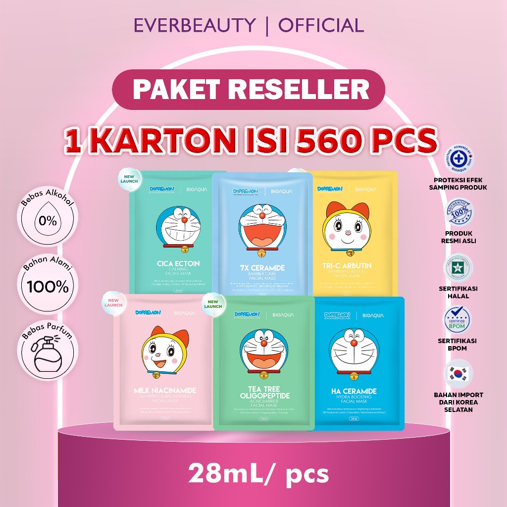 [1 DUS ISI 560 PCS] BIOAQUA x DORAEMON Sheet Mask Face Mask Hydrating Essence Masker Wajah 28 ml BPO