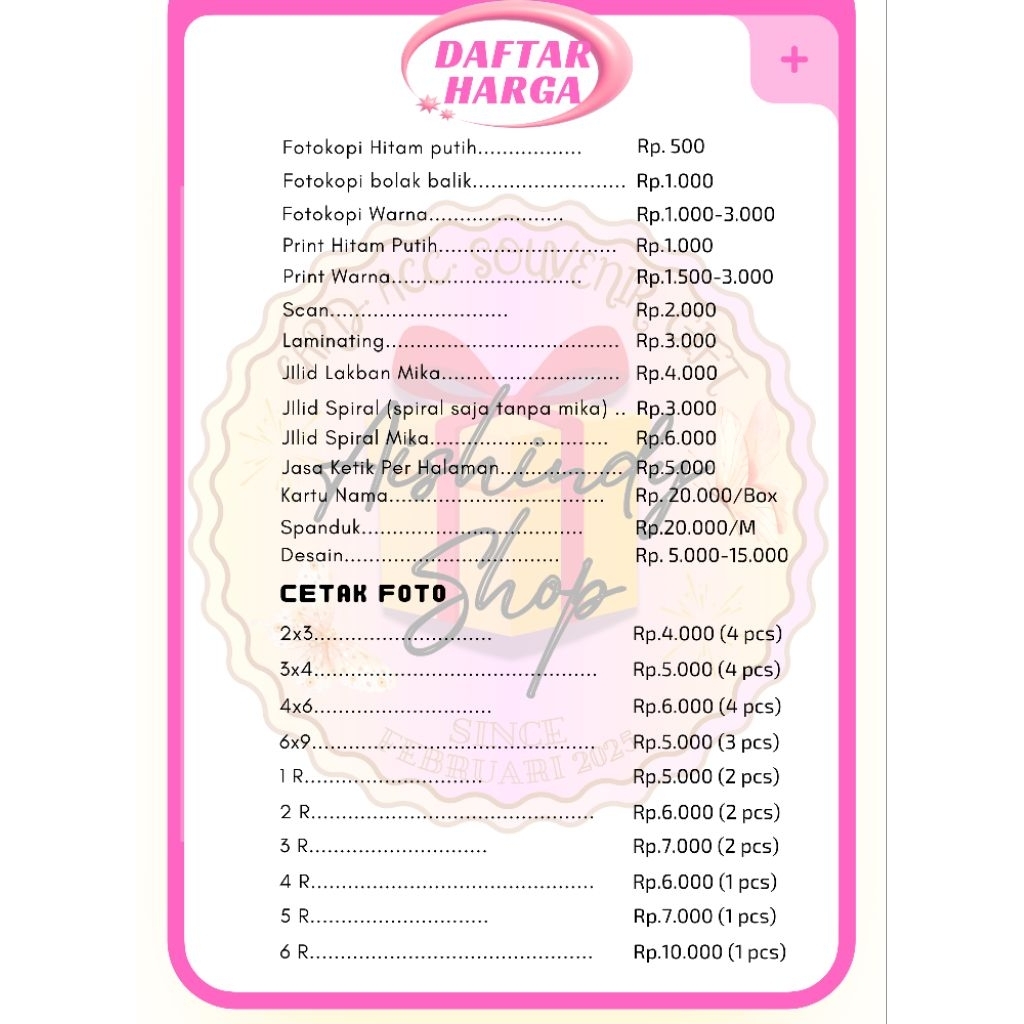 

Fotokopi, print, laminating, scan, jilid mika dan spiral