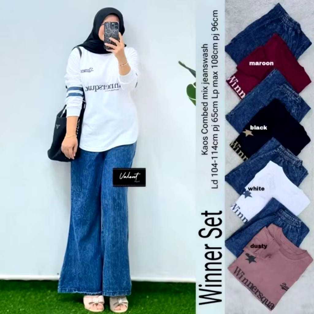 Verna Set Celana Jeans dan Kaos Wanita Kekinian Atasan Kaos Kulot