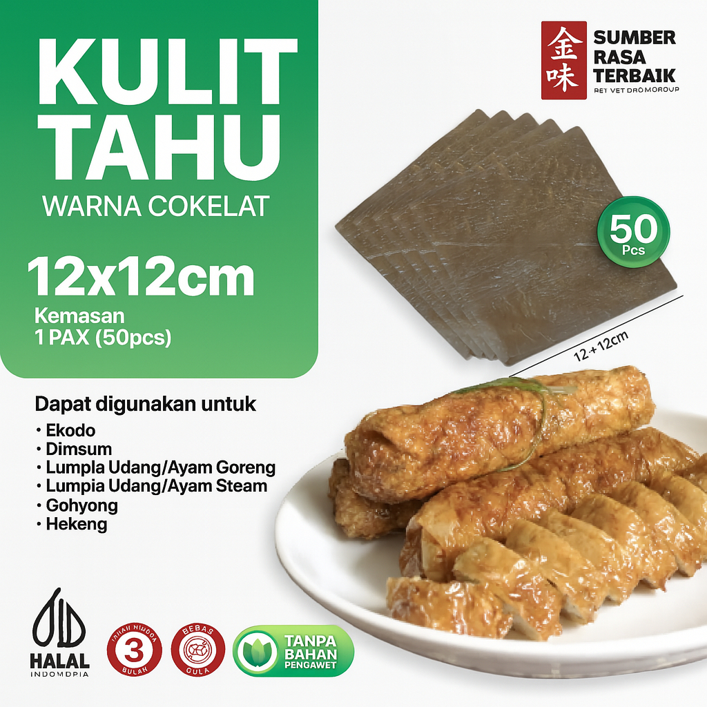 

SRT - KULIT TAHU TAWAR COKLAT 12 X 12 ISI 50PCS HALAL | UNTUK LUMPIA UDANG,HEKENG,EKADO,GOHYONG